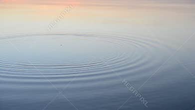 Stone falls into calm water at sunset or sunrise