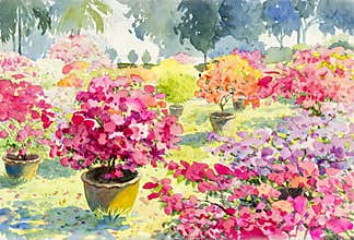 Abstract watercolor landscape original painting pink color of Paper flower