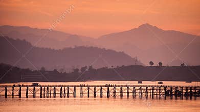 Wooden Mon Bridge during sunrise, Sangkhla Buri,Kanchanaburi