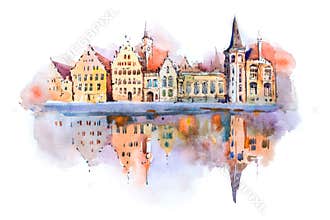 Bruges cityscape watercolor drawing, Belgium. Brugge canal aquarelle painting