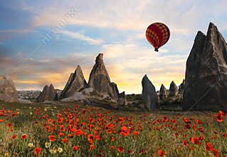 Hot air balloons flying over Cappadocia, Turkey