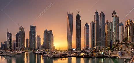 Dubai marina Panoramic skyline view with Golden Sunset