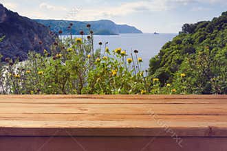 Summer holiday background. Empty wooden table over sea landscape