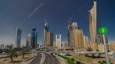 Skyline with Skyscrapers timelapse hyperlapse in Kuwait City downtown. Kuwait City, Middle East