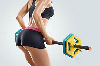 Close up photo of fitness woman workout with barbell at gym