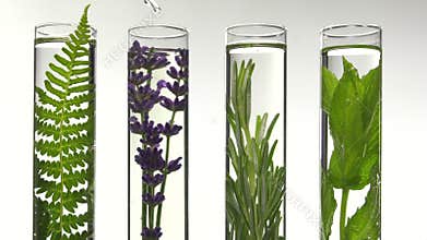 Fern, lavender and mint in test tubes