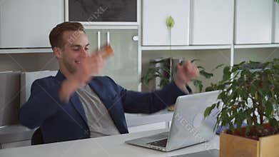 Man buy online at the office pay by credit card.