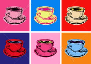 Set Coffee Mug Vector Illustration Pop Art Style