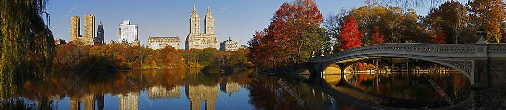 Central Park panorama with Bow Bridge