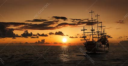 Pirate ship at the open sea