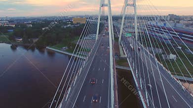 Aerial view of cable-stayed bridge across the Neva river
