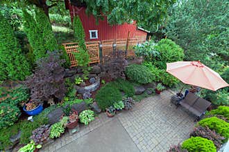 Backyard Patio Landscaping with Red Barn Overview