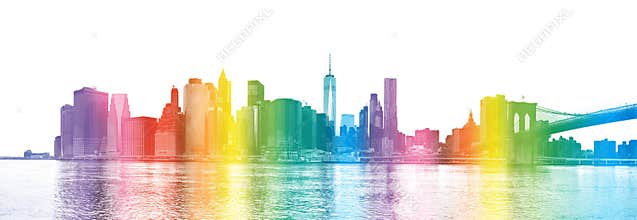 New York City - rainbow colors silhouette of Manhattan skyscrap