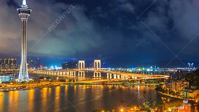 Macau Tower And Macau Bridge Landmark Place Of Macau China On Night Time