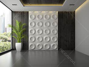Interior of empty room with wall panel and palm 3D rendering 3
