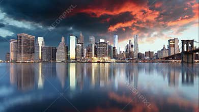 New York downtown panorama skyscrapers, Time lapse, USA.