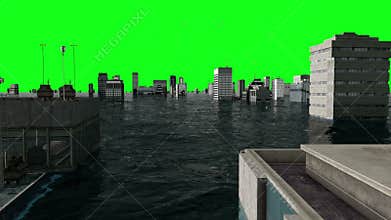 Apocalyptic water view. urban flood, green screen. 3d render