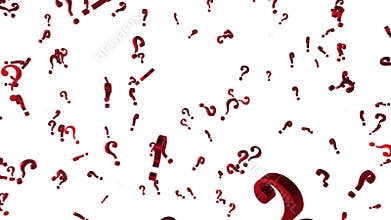 Looped animated background with chaotic spinning red 3d question marks. Seamless loop.