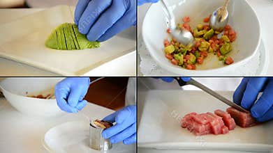 Collage of hands of professional chef cooking ceviche