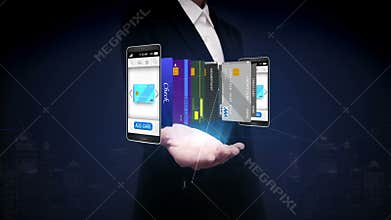 Businesswoman open palm, Select credit card in smartphone, mobile, concept of mobile payment, select main mobile credit card.