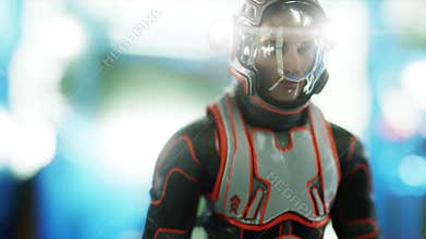 Astronaut walk in spaceship interior. Martian. Sci -fi concept. Realistic 4k animation.