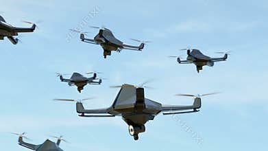 Swarm of security drones with search light flying in the sky