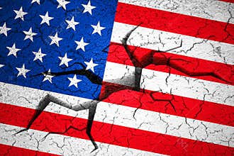 Grunge American USA flag, broken crack wall with hole