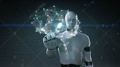 Robot cyborg touching Brain connect digital lines, grow artificial intelligence