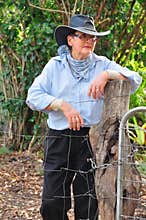 Portrait senior woman Australian sheep farmer in traditional Akubra.