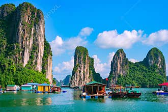 Floating village, rock island, Halong Bay, Vietnam