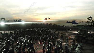 Horror zombie crowd walking. Apocalypse view, concept. Realistic 4K animation.