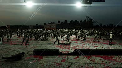 Horror zombie crowd walking. Apocalypse view, concept. Realistic 4K animation.