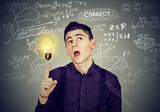 Smart student with bright idea light bulb