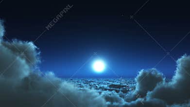 4k night flight in clouds mass,moon & heaven sky,high altitude outer space.