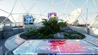 Space laboratory, sci-fi interior. life on mars, alien planet. Plants in the space.