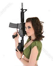 Woman with automatic rifle
