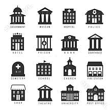 Government building icon set. Vector buildings like university, police office and city hall, hospital museum