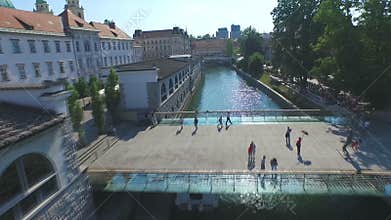Aerial view of Ljubljanica river and city of Ljubljana, Slovenia.