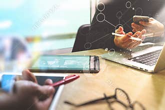 Photo website graphic designer hand meeting team with new project modern studio.Modern laptop digital tablet smart phone on
