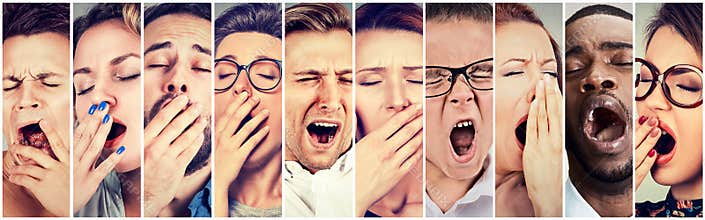 Multiethnic group of sleepy people women men yawning looking bored