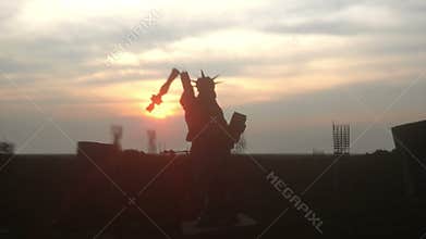 Apocalypse of USA, America. Aerial View of the destroyed New York city, Statue of liberty. Apocalypse concept. Super